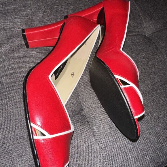 Etienne Aigner Red/White Peep Toe Slip On Thick Block Heel Leather Size 8.5 M - Picture 6 of 16